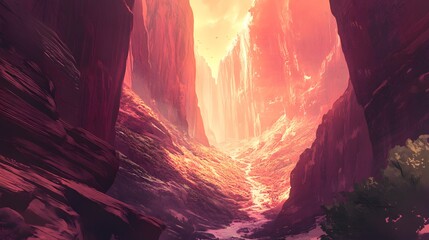 Vibrant sunset illuminating canyon walls, colorful rocky formations displaying nature's artistry, dramatic landscape for inspiration.