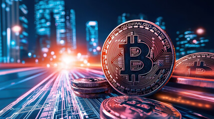 Digital currencies like Bitcoin shine in futuristic cityscape, symbolizing innovation and technology