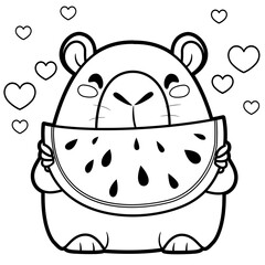 Cute cartoon capybara eats a large slice of watermelon with appetite outlined