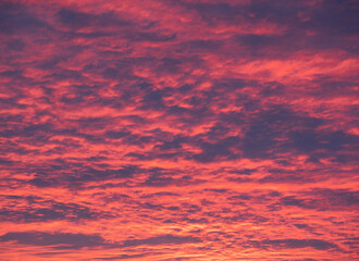 The sun illuminates the clouds in purple color at sunset