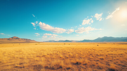 Fototapeta premium Aerial view of a vast arid field with a silhouette of a mountain range