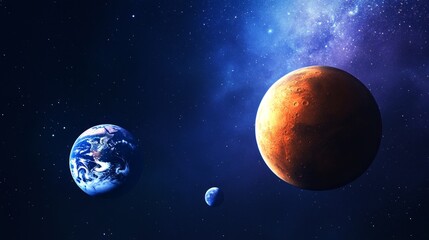 Obraz premium Earth Mars and Moon in Space - Stunning view of Earth, Mars, and the Moon in the vast expanse of space. A nebula glows in the background.