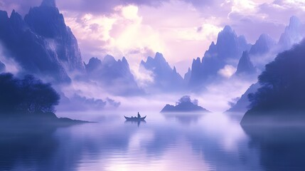 Serene landscape at dusk, tranquil lake reflecting purple clouds, ideal for relaxation or nature themes, perfect for backgrounds.