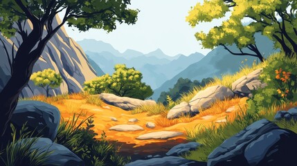 Naklejka premium Mountain Vista Scenic Pathway Rocks Trees Grass