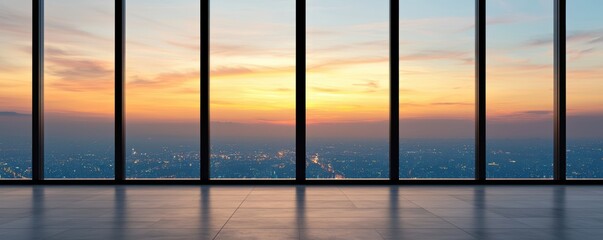 Fototapeta premium Modern skyscraper windows offering a panoramic view of a glowing cityscape at dusk, with a serene yet vibrant atmosphere