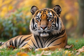 Obraz premium Bengal tiger portrait resting on grass with autumn leaves and blurred fall foliage background