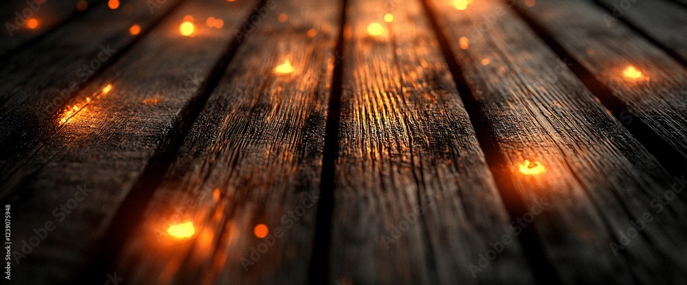 Poster glowing embers on rustic wooden planks. background for design