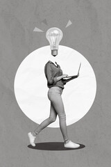 Collage photo of young programmer it developing company owner businesswoman genius idea lightbulb...