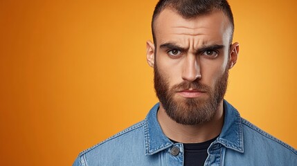 Fototapeta premium Mature man with serious expression poses against an orange background while wearing a denim jacket and showcasing his beard