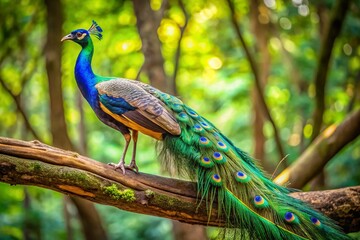 Obraz premium Majestic Peacock in Lush Forest - Vibrant Feathers & Elegant Wildlife Scene