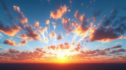 Fototapeta premium Vibrant Sunset Sky with Orange and Blue Clouds over Ocean Horizon