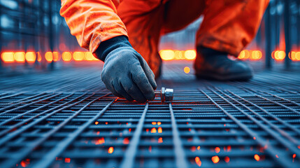 Construction worker securing metal fastener industrial site action shot close-up