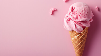A Pink ice cream cone on a blank pink background, summery setting with copy space. Generative AI