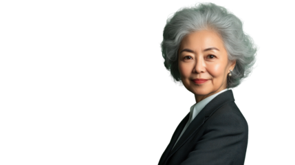 Smiling senior businesswoman with grey hair posing on transparent background