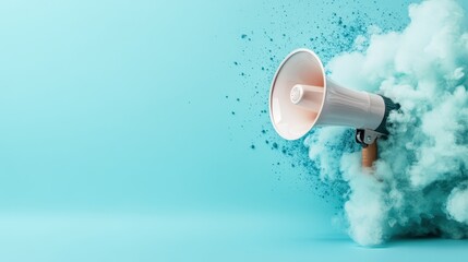 This image features a vibrant megaphone bursting through colorful clouds of smoke, symbolizing communication and amplifying messages in a visually striking manner.
