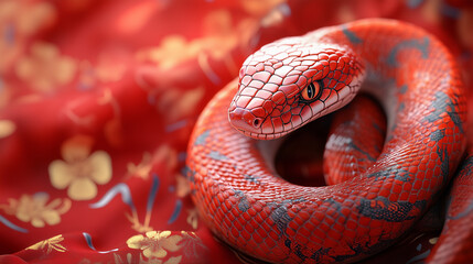 Vibrant red snake with intricate scales curled on luxurious Chinese silk fabric with golden floral patterns, symbolizing the Year of the Snake, prosperity, and fortune, perfect for cultural, festive, 