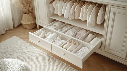 Nursery closet, open drawer, baby clothes, organized storage, neutral decor
