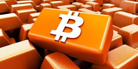 Orange Bitcoin Bar Among Colorful Financial Symbols and Blocks