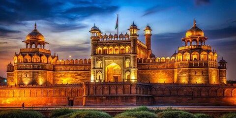Naklejka premium Majestic Red Fort Delhi Night Photography - Illuminated Mughal Architecture
