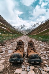 Hiking boots resting on a rocky trail with mountains in the background under a cloudy sky