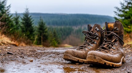Hiking boots rest on a muddy trail surrounded by lush forests during an overcast day