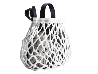 White mesh bag with black handles, perfect for carrying sports equipment like balls, or other items like groceries. isolated on transparent background, PNG, cut out