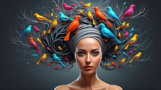 Surreal Woman with Birds on Her Head &ndash; Vibrant Anamorphic Art with Neural Connections & Swirling Accents
