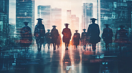 A digital cityscape with graduates in caps and gowns represents the intersection of education and future opportunities.