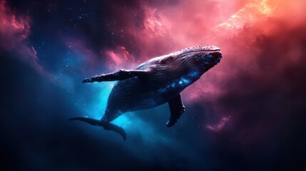 Naklejka premium An ethereal whale swims through a sea of celestial colors, embodying a sense of wonder and the infinite beauty of the cosmos and marine life.