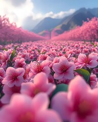 A vibrant landscape of blooming pink cherry blossoms fills the foreground, set against majestic mountains and a softly lit sky, creating a serene and picturesque scene.