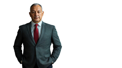 Confident senior businessman posing with hands in pockets on transparent background