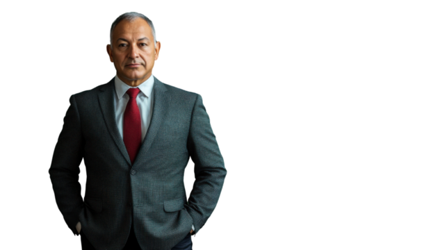 Confident senior businessman posing with hands in pockets on transparent background - Powered by Adobe