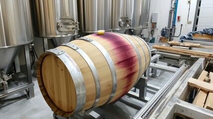 Winemaking process featuring a wooden barrel in a modern winery with stainless steel fermentation tanks