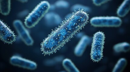 Fototapeta premium A close-up microscopic view of bacteria spreading in a fluid medium, with glowing filaments extending outward. The intricate detail emphasizes bacterial colonization and infection 