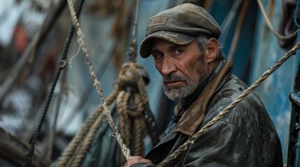 Obraz premium Experienced fisherman surrounded by ropes and nets. A compelling image of a maritime worker in a stormy, industrial setting, evoking themes of resilience, struggle, and wisdom. 