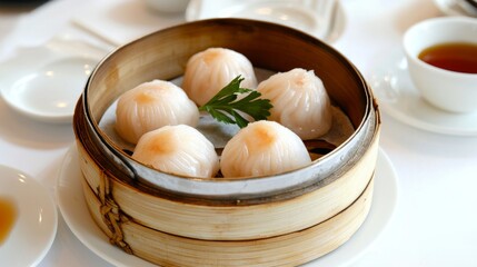 Steamed dumplings served in bamboo basket with a touch of greenery on a dining table