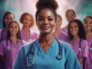 Confident african american nurse leading diverse medical team celebrating national nurses day