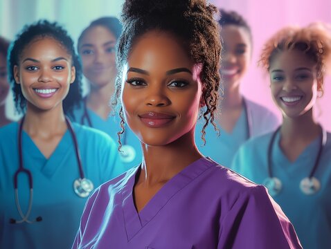 Confident african american nurse leading diverse medical team celebrating national nurses day