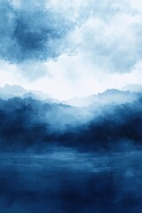 Fototapeta premium Blue watercolor landscape with mountains and sky cloudy abstract art painting style