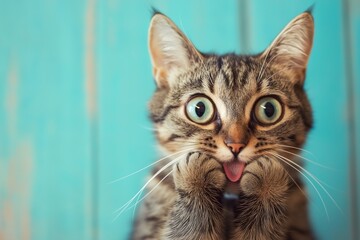 Fototapeta premium A surprised cat with large eyes and paws on its face, showcasing a whimsical expression of astonishment.