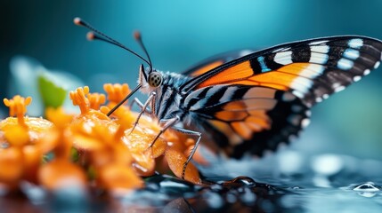 Obraz premium A vibrant butterfly with intricate patterns is poised on bright blossoms, reflecting the beauty of nature and the connection between life forms.