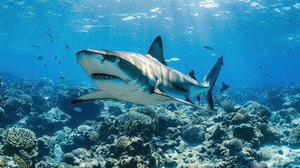 Obraz premium Dynamic view of multiple sharks moving through an underwater ecosystem. A thrilling oceanic perspective emphasizing the beauty and danger of marine wildlife, great for travel, nature, and documentary 