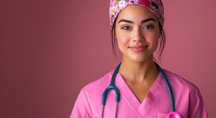 Portrait of smiling nurse wearing pink scrubs and stethoscope for national nurses day