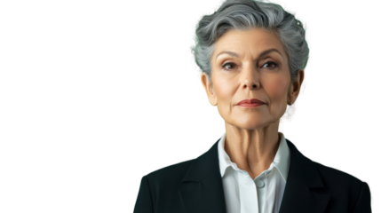 Confident senior businesswoman with grey hair posing on transparent background