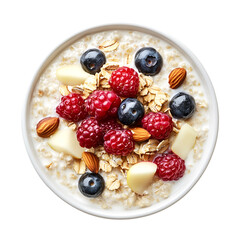Delicious and healthy oatmeal breakfast bowl topped with fresh raspberries, blueberries, sliced apples, and almonds in a white bowl, isolated on transparent background, PNG, cut out