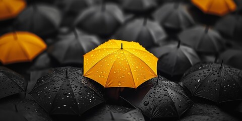 A vibrant yellow umbrella stands out among black ones, symbolizing uniqueness and individuality.