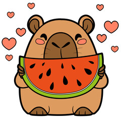 Cute cartoon capybara eats a large slice of watermelon with appetite on white background