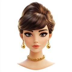 Glamorous woman with a sleek updo, golden accessories, and a confident gaze, isolated on white background