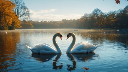 Fototapeta premium Two graceful swans form a heart shape with their necks, gliding serenely on a tranquil lake surrounded by autumn foliage.