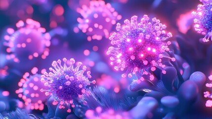 A hyper-detailed microscopic view of bacteria and viruses interacting in a liquid medium, with glowing protein spikes and swirling particles. The intricate textures emphasize the complexity 